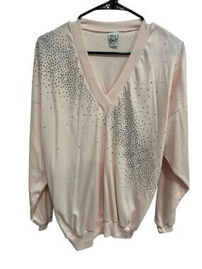 Big Shot Medium Light Pink V-Neck Sweater Rhinestone Accents Romanticcore NWT